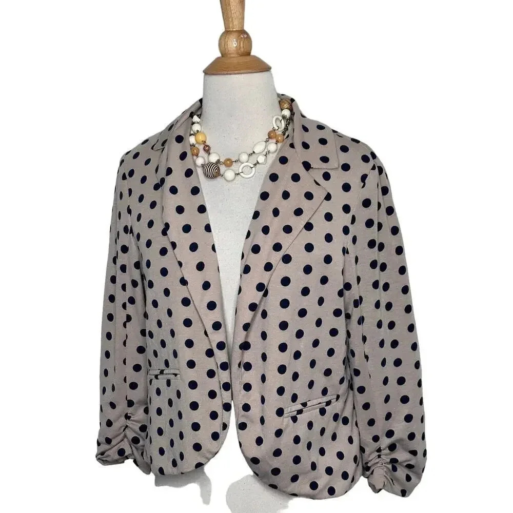 John Paul Richard Women's M Tan With Blue Polka Dots + 3/4 Ruched Sleeve Blazer